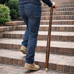 Vintage Hand Carved Wood Walking Cane Whale Tiki Folk Art Hiking Stick Handle